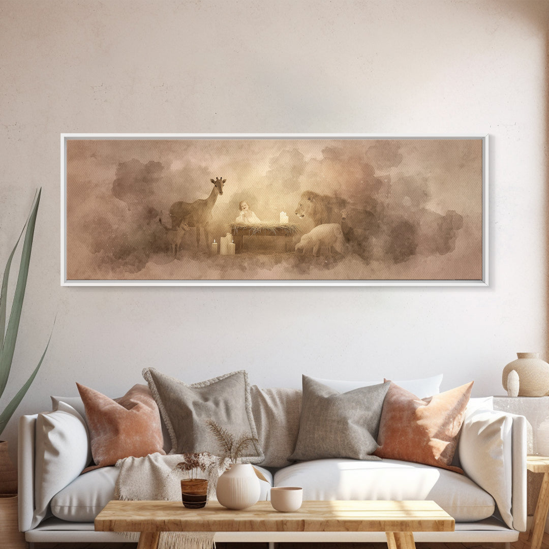 Gentle Manger Peace, Framed Canvas Print, Christian Wall Art, Panoramic Art, Christian Art Canvas, Christmas Art, Christian Christmas Decor