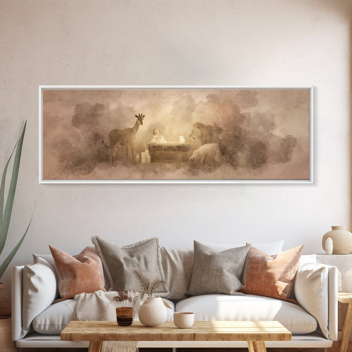 Gentle Manger Peace, Framed Canvas Print, Christian Wall Art, Panoramic Art, Christian Art Canvas, Christmas Art, Christian Christmas Decor