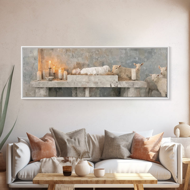 Manger Candle Hope, Framed Canvas Print, Panoramic Wall Art, Christmas Art, Christian Wall Art, Christian Art Canvas, Christian Gift