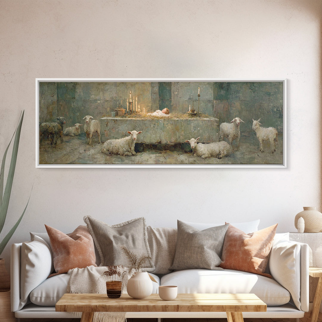 Quiet Stable Glory – Framed Canvas Print – Panoramic Art – Christian Wall Art – Christmas Wall Art – Christian Art Canvas – Vintage Christi