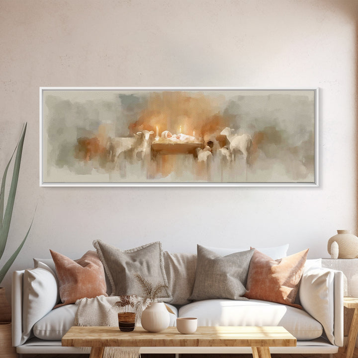 Soft Manger Glow | Framed Canvas Print | Christmas Art | Christian Art Canvas | Panoramic Painting | Christian Wall Art | Christian Christm