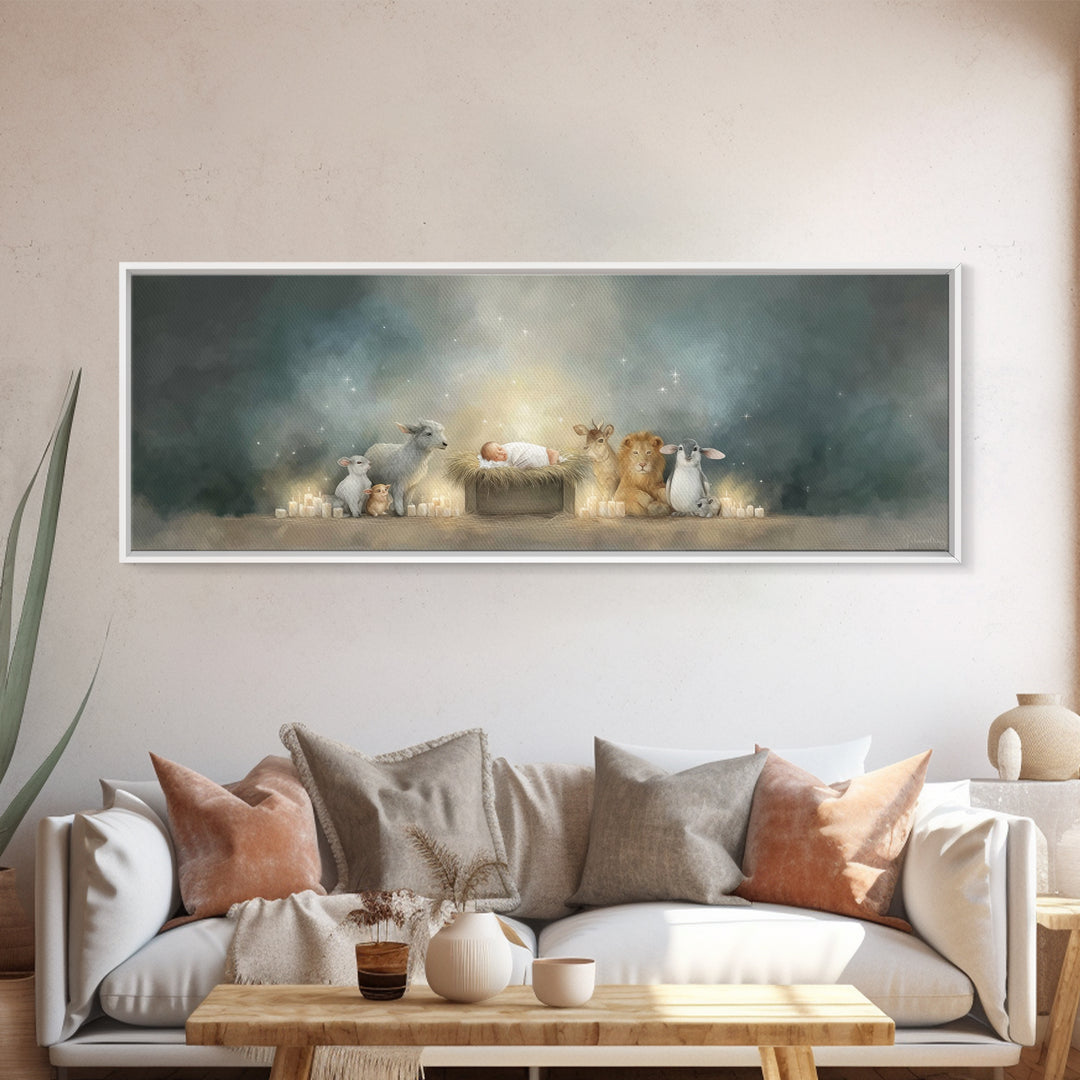 Starry Cradle Light, Framed Canvas Print, Christian Christmas Art, Christian Art Canvas, Panoramic Art, Christmas Wall Art, Christian Art