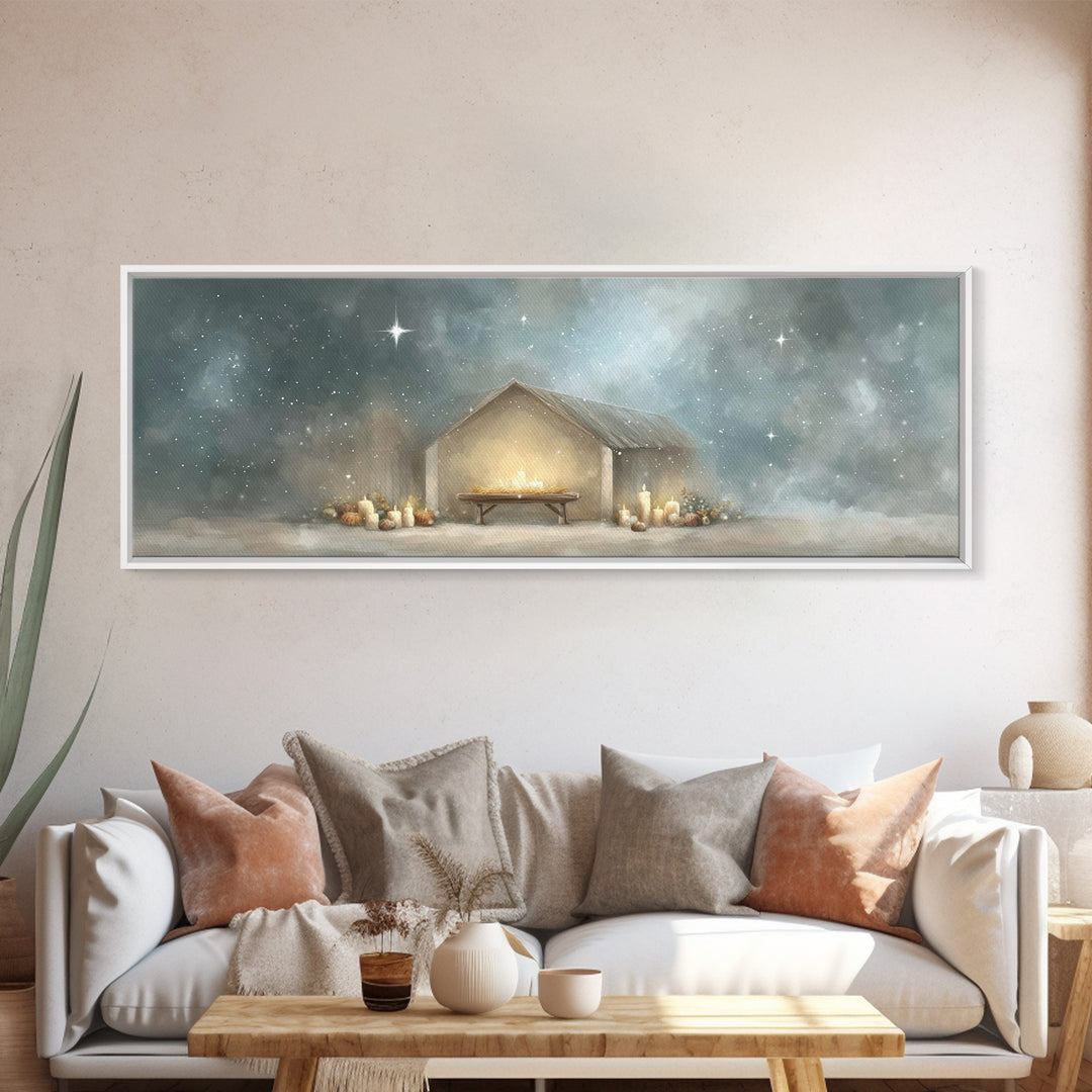 Gentle Stable Peace – Framed Canvas Print – Panoramic Painting – Christian Wall Art – Christian Art Canvas – Christmas Art – Subtle Christi