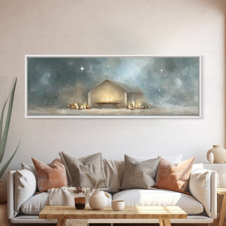 Gentle Stable Peace – Framed Canvas Print – Panoramic Painting – Christian Wall Art – Christian Art Canvas – Christmas Art – Subtle Christi