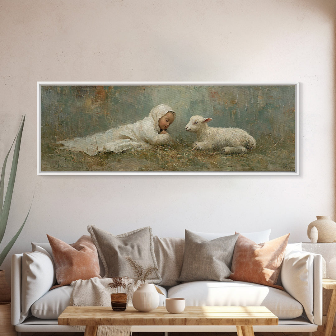Little Shepherd Peace, Framed Canvas Print, Christmas Art, Panoramic Art, Christian Art Canvas, Christian Wall Art, Christian Christmas Dec