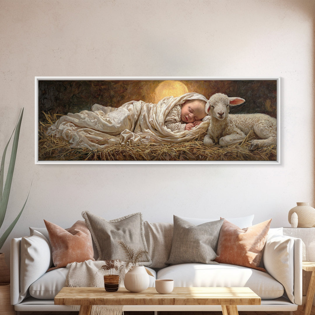 Holy Night Peace, Framed Canvas Print, Christian Wall Art, Christmas Art Prints, Jesus Painting, Panoramic Art, Christian Art Canvas