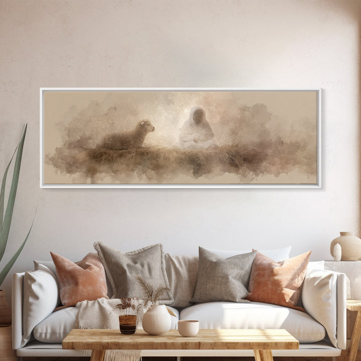 Starry Manger Glow | Framed Canvas Print | Christian Christmas Art | Christian Art Canvas | Jesus Painting | Panoramic Wall Art
