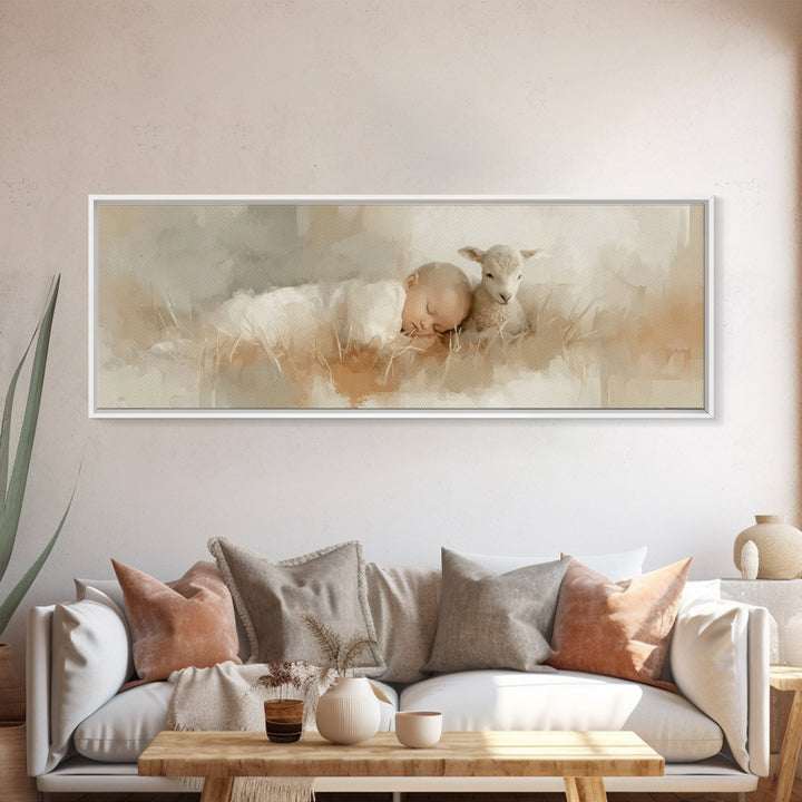 Divine Meadow Calm, Framed Canvas Print, Christian Art, Christian Christmas Decor, Jesus Painting Canvas, Panoramic Painting, Unique Christ
