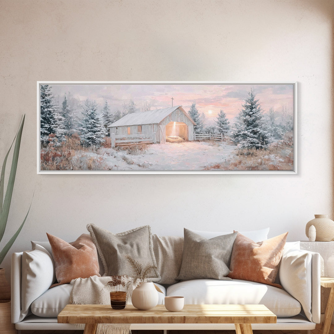 Star Over The Manger, Framed Canvas Print, Panoramic Art, Christian Wall Art, Christian Art Canvas, Christmas Art, Christian Christmas