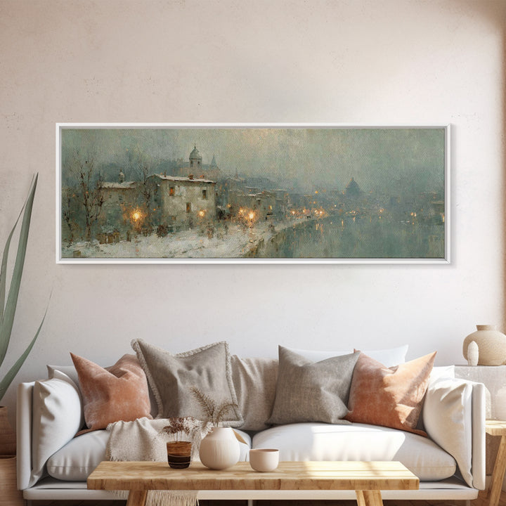 Winter Chapel Glow | Framed Canvas Print | Christian Art | Christian Christmas Art | Christian Art Canvas | Panoramic Wall Art | Christian