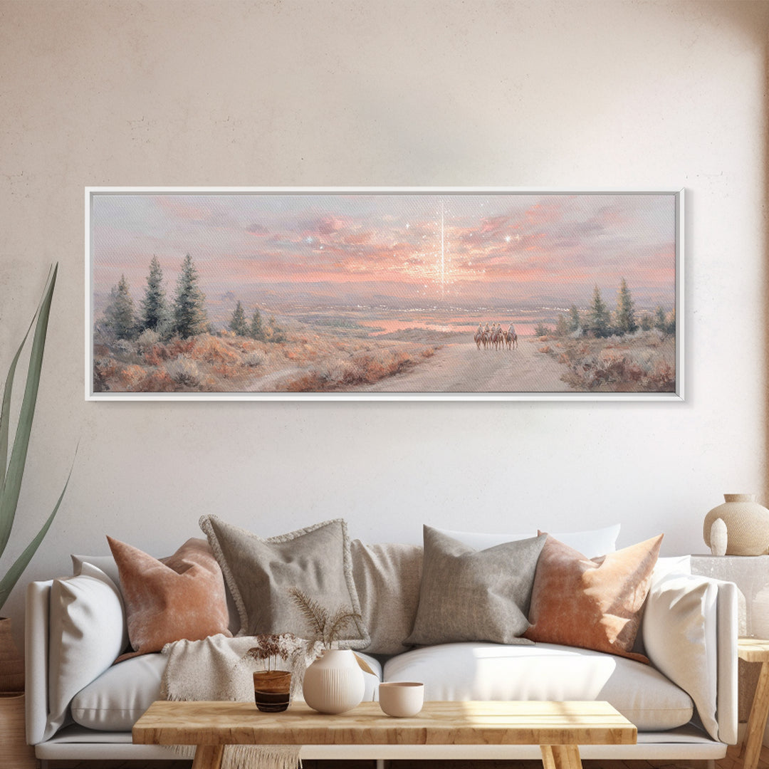Star Over Mountains | Framed Canvas Print | Christmas Wall Art | Christian Art | Christian Art Canvas | Panoramic Painting | Christian Gift