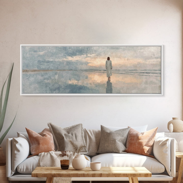 Heavenly Shore Path, Framed Canvas Print, Christian Wall Art, Jesus Painting, Panoramic Art, Christian Art Canvas, Christmas Art