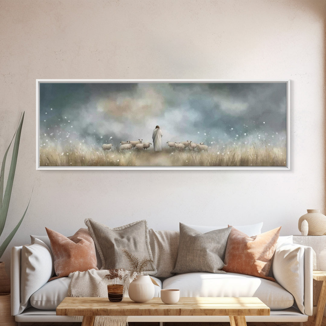 Pastoral Shepherd Light, Framed Canvas Print, Jesus Painting, Christian Wall Art, Panoramic Art, Christian Art Canvas, Christian Decoration