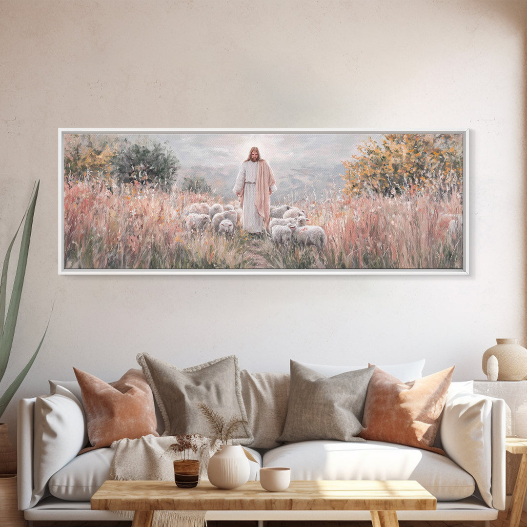 Shepherd Of Mercy – Framed Canvas Print – Jesus Art Print – Christian Wall Art – Panoramic Wall Art – Large Christian Art – Christian Paint