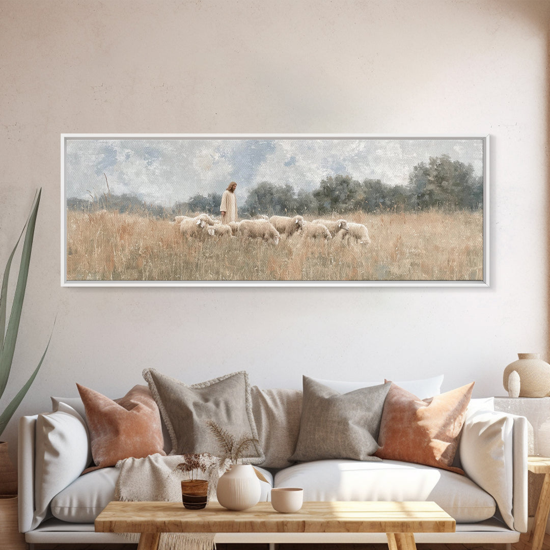 Quiet Meadow Flock, Framed Canvas Print, Christian Art Work, Jesus Painting, Panoramic Print, Christian Decor For Home, Christian Art Canva