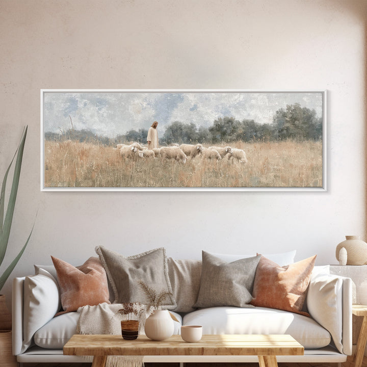 Quiet Meadow Flock, Framed Canvas Print, Christian Art Work, Jesus Painting, Panoramic Print, Christian Decor For Home, Christian Art Canva