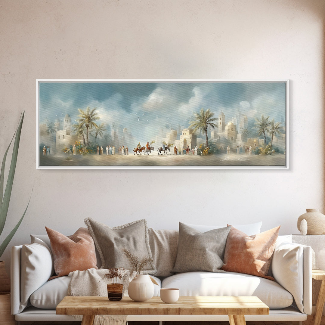 Desert Palm Caravan, Framed Canvas Print, Christian Art Canvas, Panoramic Art, Jesus Wall Art, Christian Decor, Christmas Canvas Wall Art