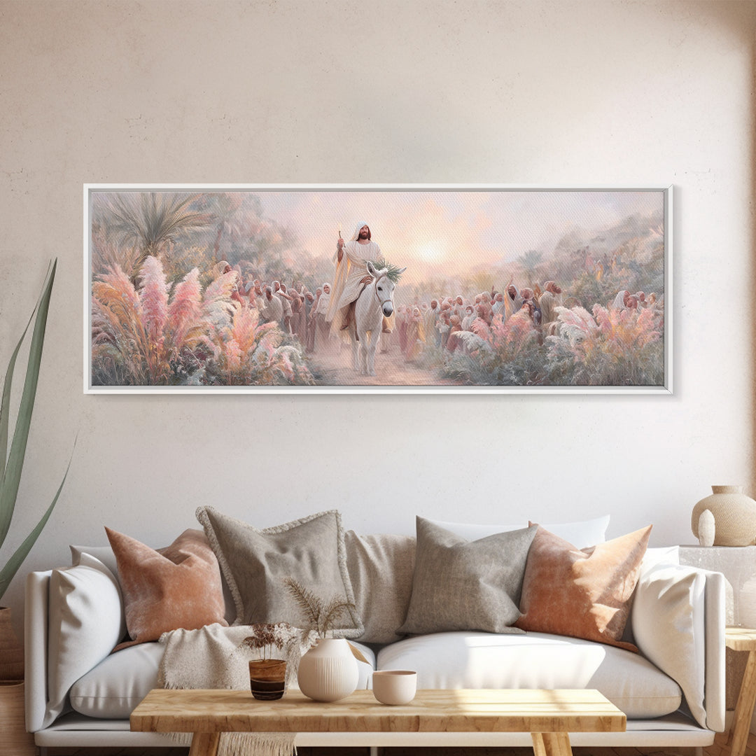 Palm Gate Welcome, Framed Canvas Print, Christian Painting, Panoramic Art, Jesus Canvas Art, Christian Christmas Art, Modern Christian Art