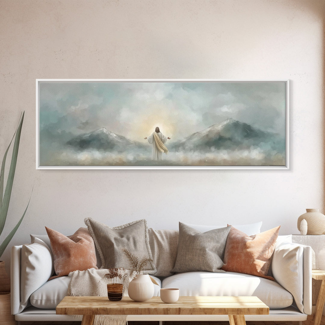 Radiant Summit Grace – Framed Canvas Print – Panoramic Art – Christian Wall Art – Jesus Painting – Christian Art Canvas