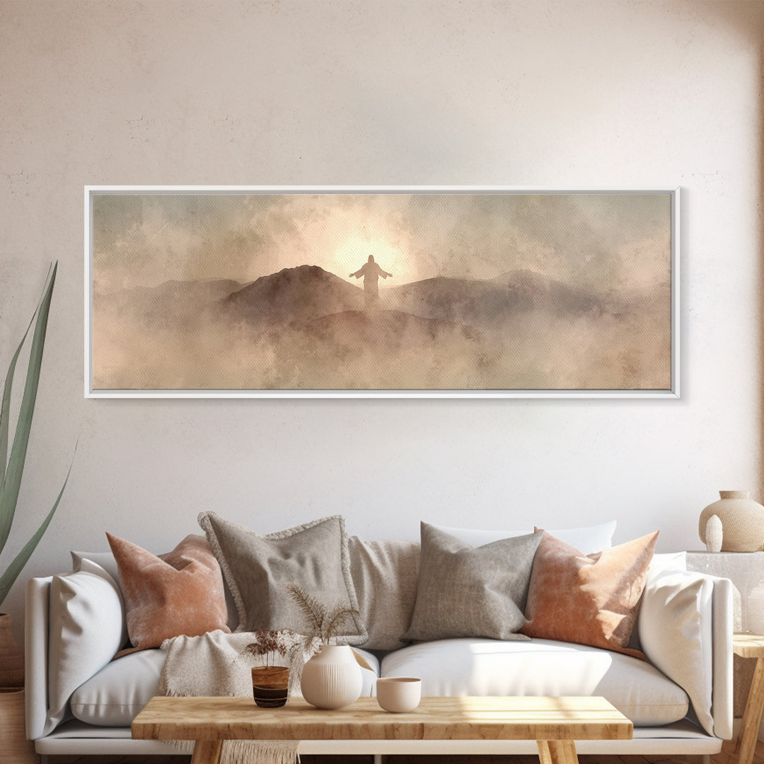 Dawn On Holy Heights, Framed Canvas Print, Panoramic Wall Art, Christian Art Canvas, Jesus Painting, Christian Art
