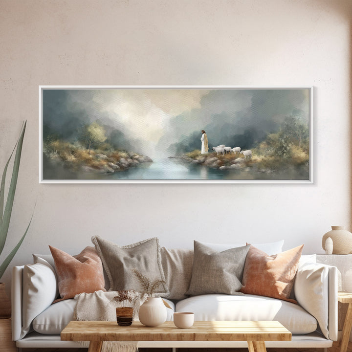 Shepherd's Quiet Path – Framed Canvas Print – Panoramic Frame – Jesus Painting – Christian Art Canvas – Christian Wall Art