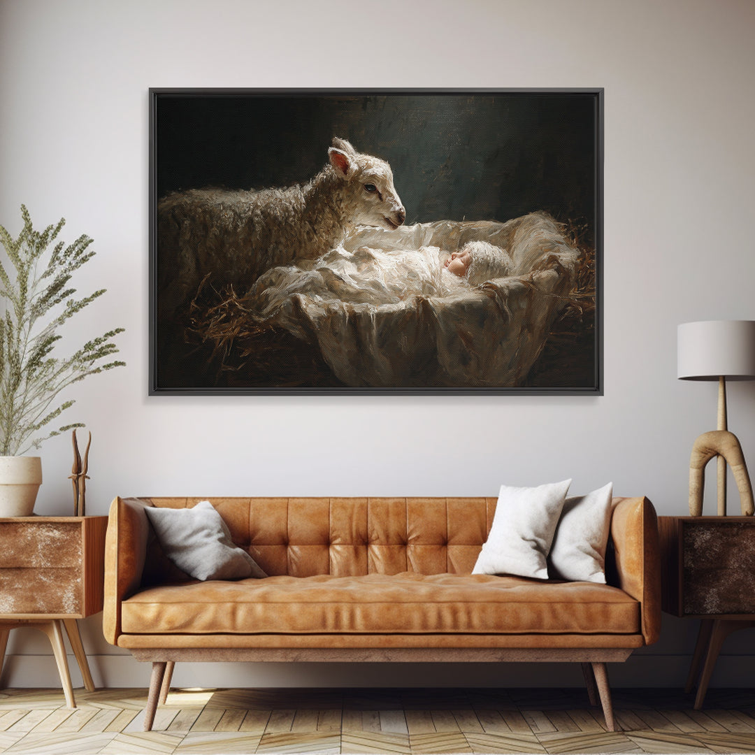 Holy Night Lamb – Framed Canvas Print – Christian Wall Art – Jesus Painting – Christian Christmas Art – Christian Art Canvas – Christmas Wa