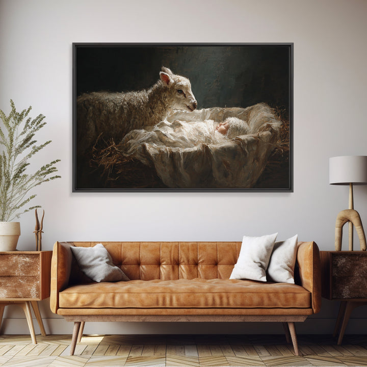 Holy Night Lamb – Framed Canvas Print – Christian Wall Art – Jesus Painting – Christian Christmas Art – Christian Art Canvas – Christmas Wa