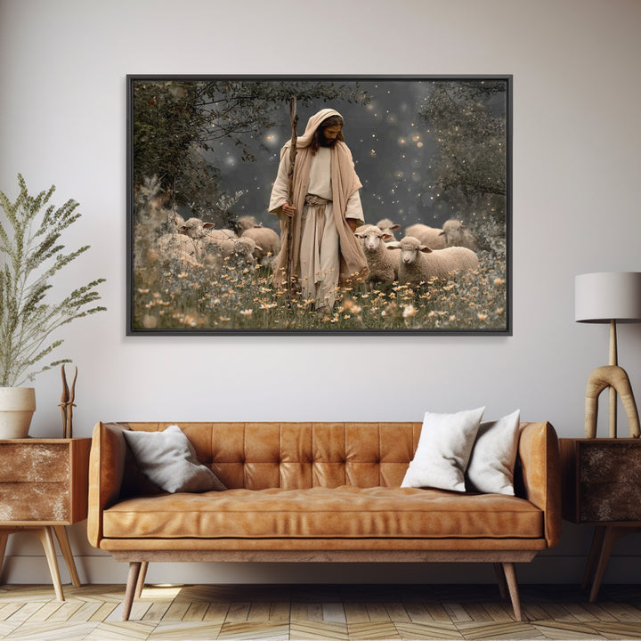 Guardian Of Lambs – Framed Canvas Print – Jesus Painting – Christian Art Canvas – Christian Wall Art – Christian Art – Christian Christmas