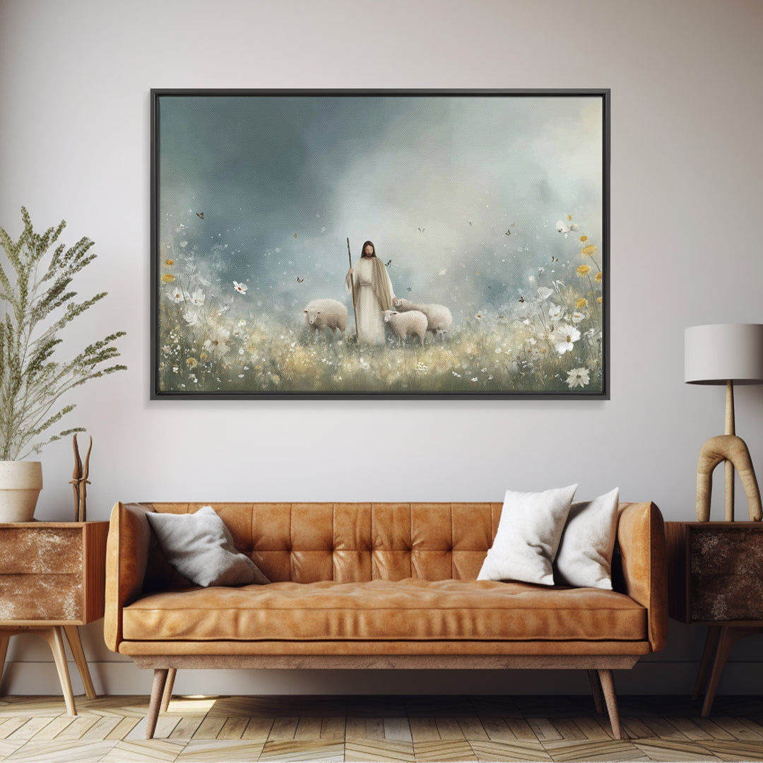 Shepherd’s Meadow – Framed Canvas Print – Christian Art Canvas – Christian Art – Jesus Painting – Christian Wall Art – Christian Christmas