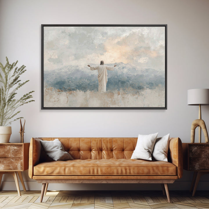 Mountain Dawn Savior – Framed Canvas Print – Christian Wall Art – Subtle Christian Art – Jesus Painting – Christian Art Canvas – Christian