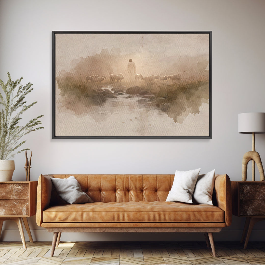 Golden Pastures Guide – Framed Canvas Print – Christian Wall Art – Jesus Painting – Christian Art Canvas – Pastoral Scenery – Christian Gif