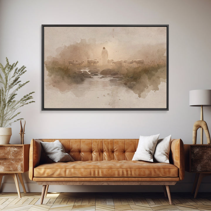 Golden Pastures Guide – Framed Canvas Print – Christian Wall Art – Jesus Painting – Christian Art Canvas – Pastoral Scenery – Christian Gif