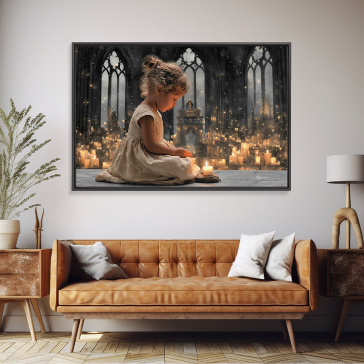 Cathedral Candle Prayer – Framed Canvas Print – Christian Art Canvas – Christian Wall Art – Moody Christian Art – Christian Christmas Art