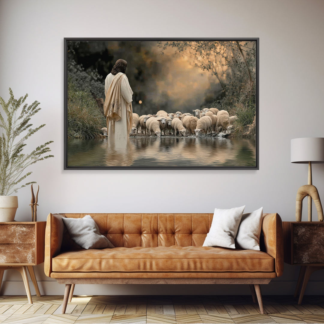 Evening Shepherd Calm – Framed Canvas Print – Christian Wall Art – Jesus Painting – Christian Art Canvas – Moody Christian Art – Christian