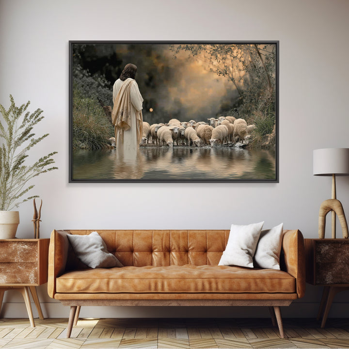 Evening Shepherd Calm – Framed Canvas Print – Christian Wall Art – Jesus Painting – Christian Art Canvas – Moody Christian Art – Christian