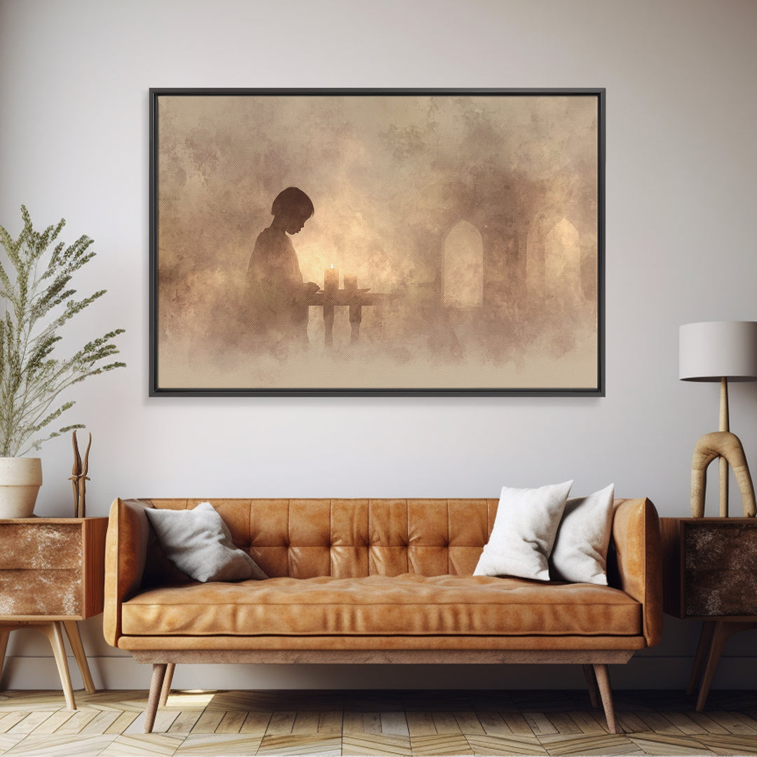Evening Candle Reverie – Framed Canvas Print – Christian Art Print – Moody Christian Art – Christian Wall Art – Christian Decor