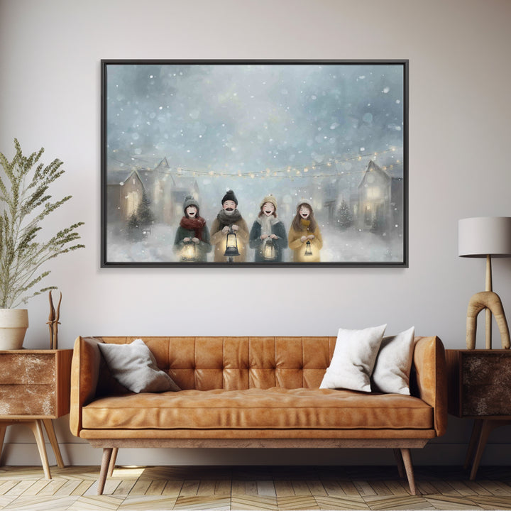 Snowfall Carolers, Framed Canvas Print, Christmas Wall Art, Christian Christmas Art, Christmas Art Canvas, Modern Christmas Art, Christmas