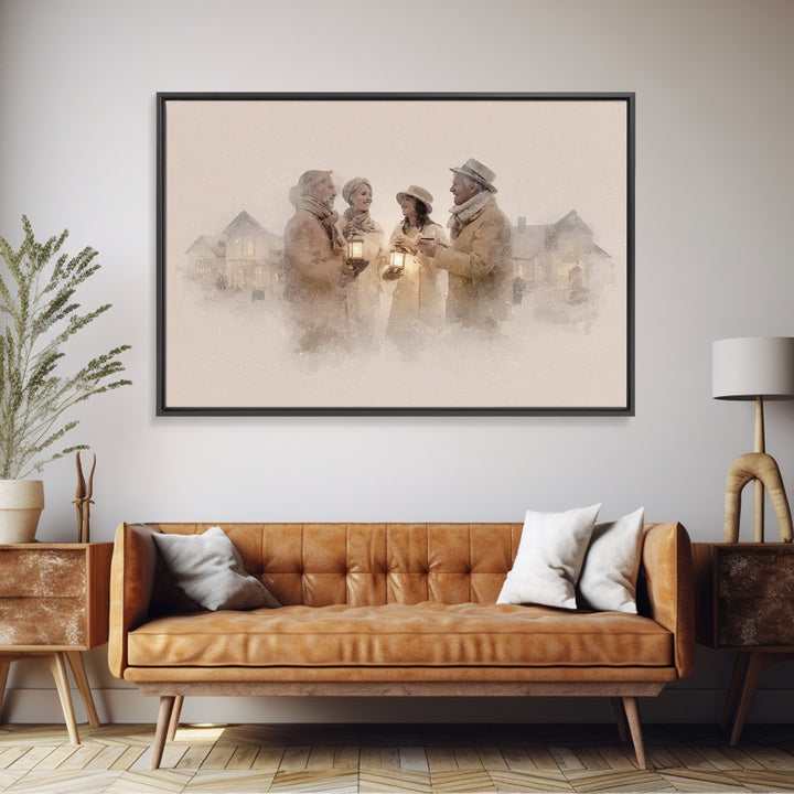 Lantern Gathering | Framed Canvas Print | Christmas Wall Art | Christian Christmas Art | Christmas Art Canvas | Retro Christmas Art | Holid
