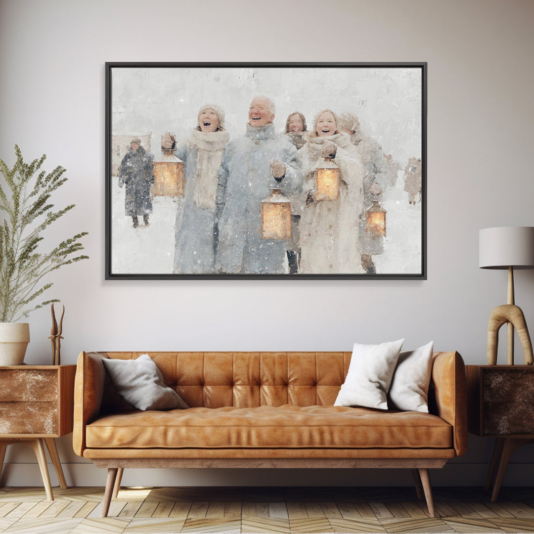 Winter Lantern Choir – Framed Canvas Print – Christmas Art Prints – Christian Christmas Art – Christmas Wall Art – Christmas Art Canvas – H