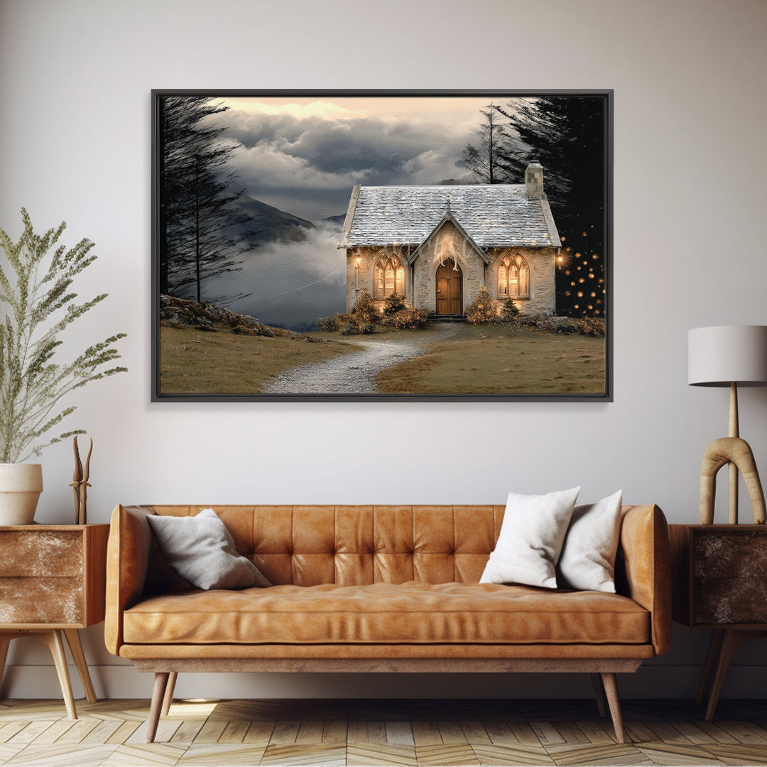 Mountain Chapel Light – Framed Canvas Print – Christian Wall Art – Christian Art Canvas – Christmas Art – Christian Christmas Art – Holiday