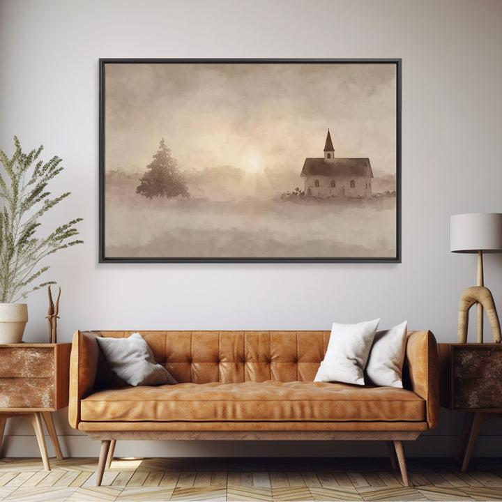 Misty Chapel Dawn – Framed Canvas Print – Christian Wall Art – Christian Art Canvas – Christian Painting – Modern Christian Painting – Chri