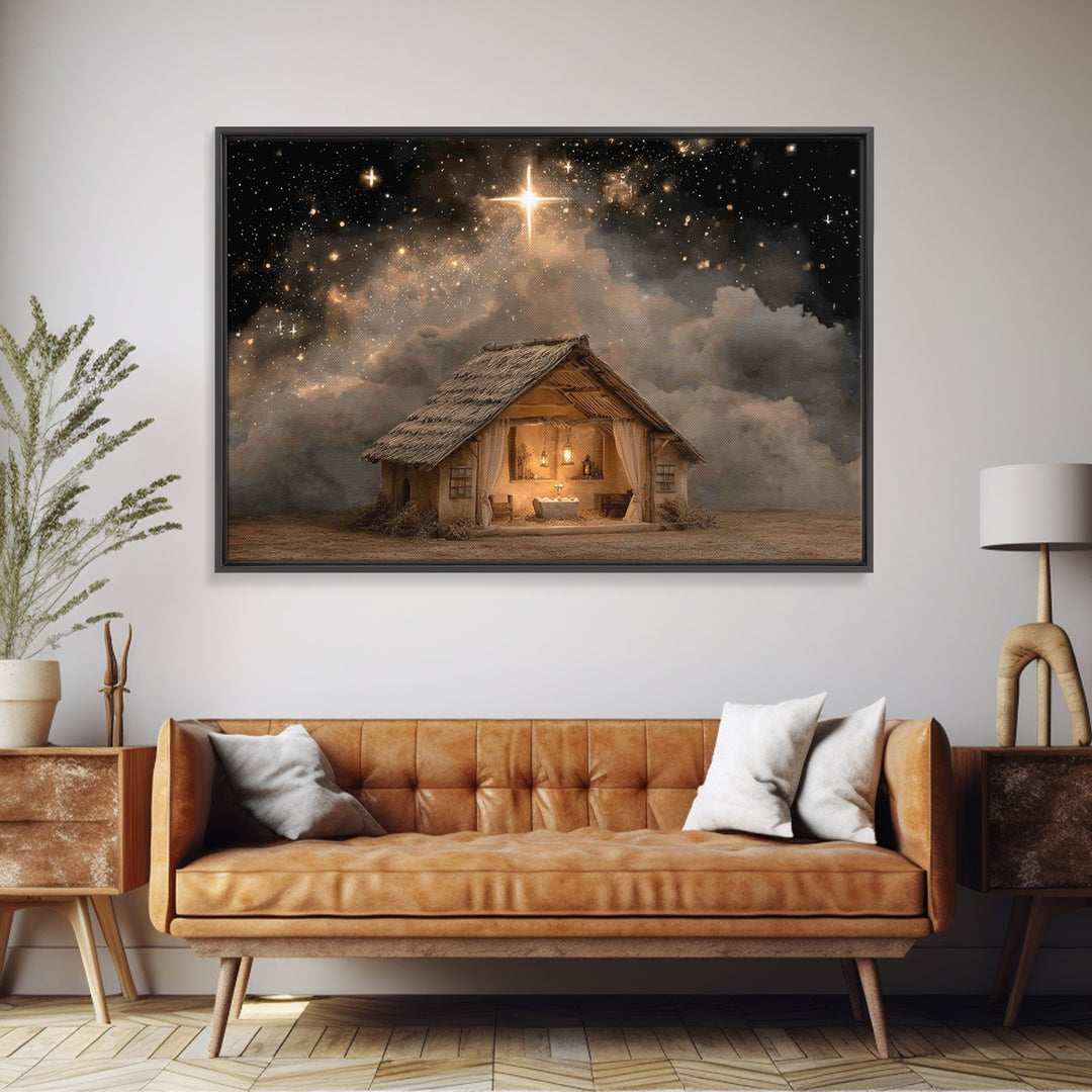Holy Night Shelter – Framed Canvas Print – Christian Art Canvas – Christmas Art – Christian Wall Art – Christian Christmas Art – Christian