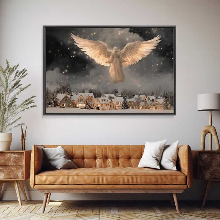 Heavenly Night Watch – Framed Canvas Print – Christmas Wall Art – Christian Art Print – Moody Christmas Art – Christian Decor