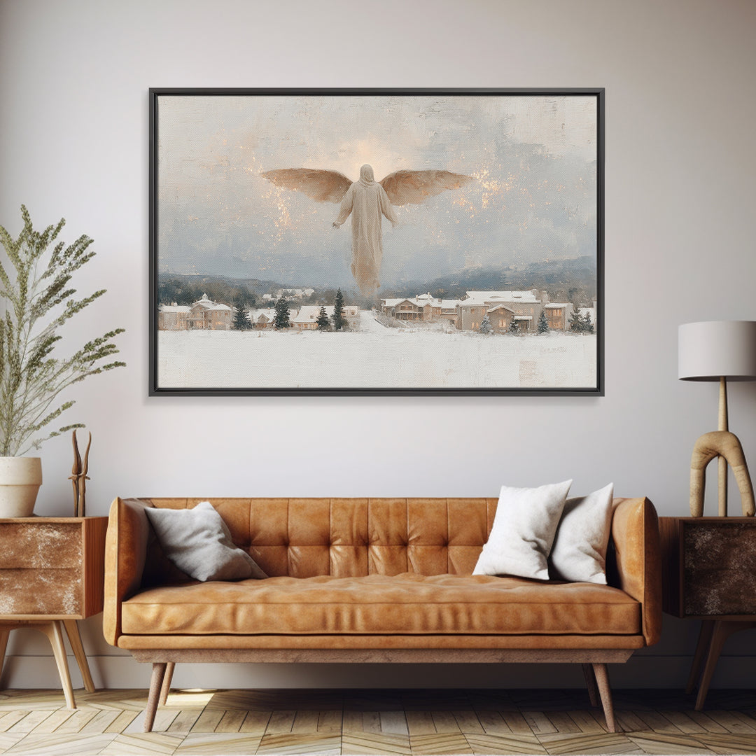 Snowfall Guardian – Framed Canvas Print – Christian Art Canvas – Christmas Art Prints – Vintage Christmas Art – Christian Wall Art