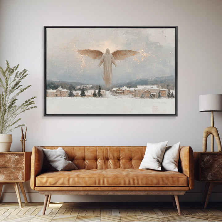 Snowfall Guardian – Framed Canvas Print – Christian Art Canvas – Christmas Art Prints – Vintage Christmas Art – Christian Wall Art