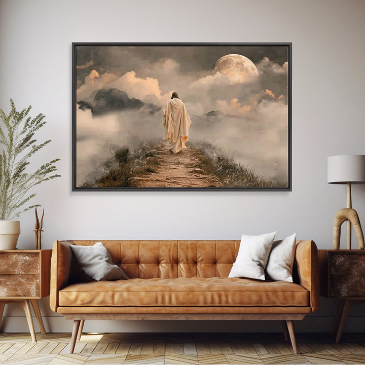 Moonlit Ascent | Framed Canvas Print | Jesus Painting | Christian Art Canvas | Christian Wall Art | Moody Christian Art