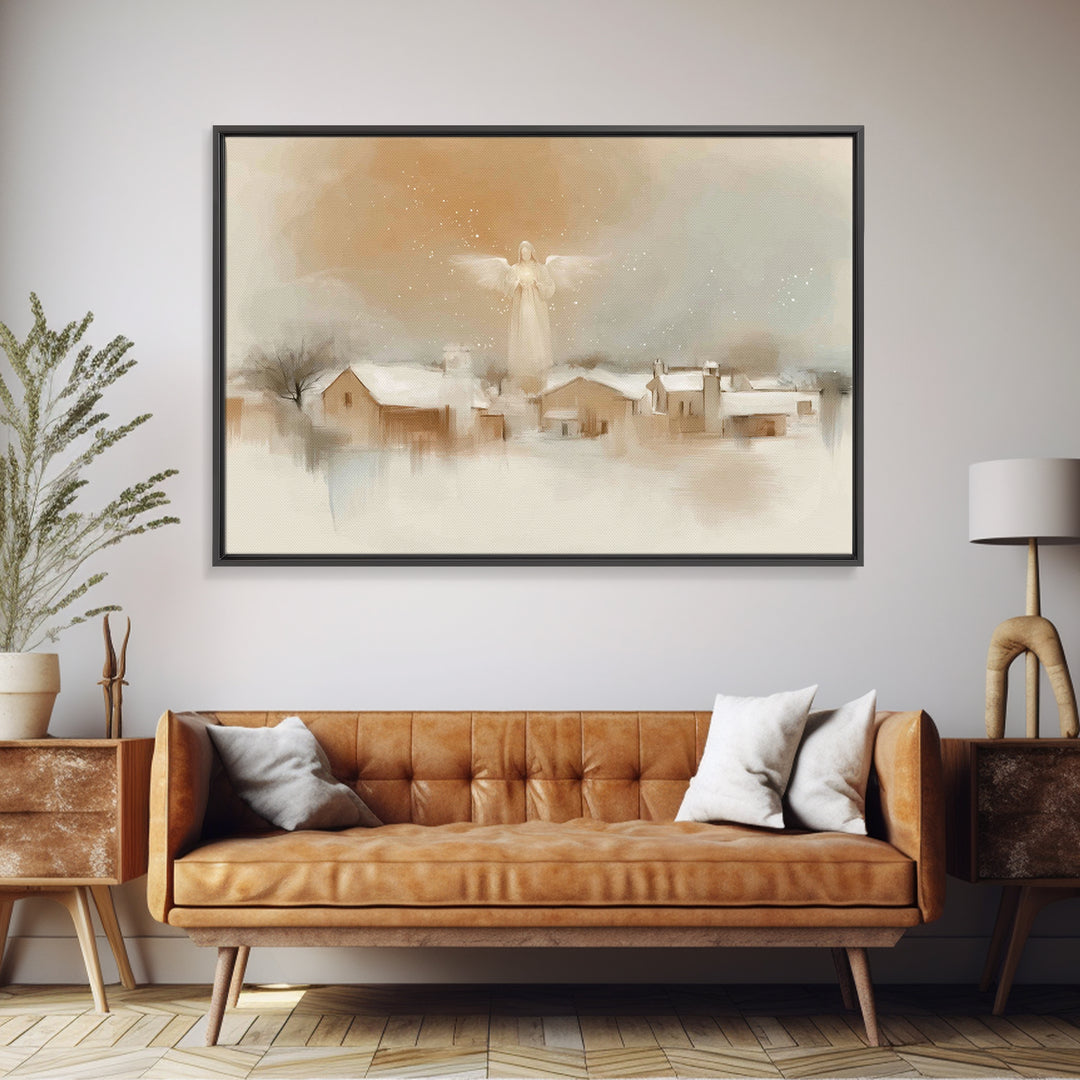 Silent Dawn Angel – Framed Canvas Print – Christian Art Print – White Christmas Art – Christian Christmas Decorations – Christian Art Canva