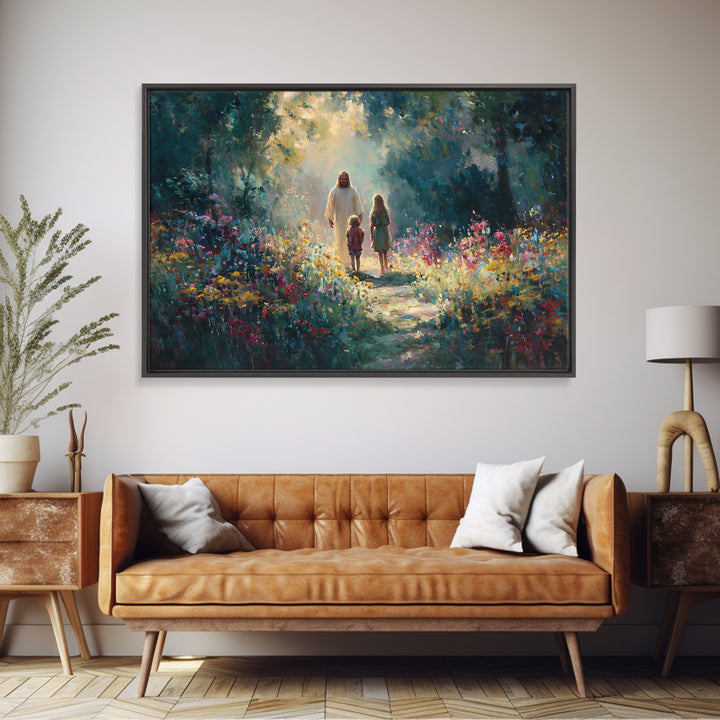 Garden Light Walk, Framed Canvas Print, Christian Art Canvas, Jesus Painting, Christian Wall Art, Christian Gift Ideas