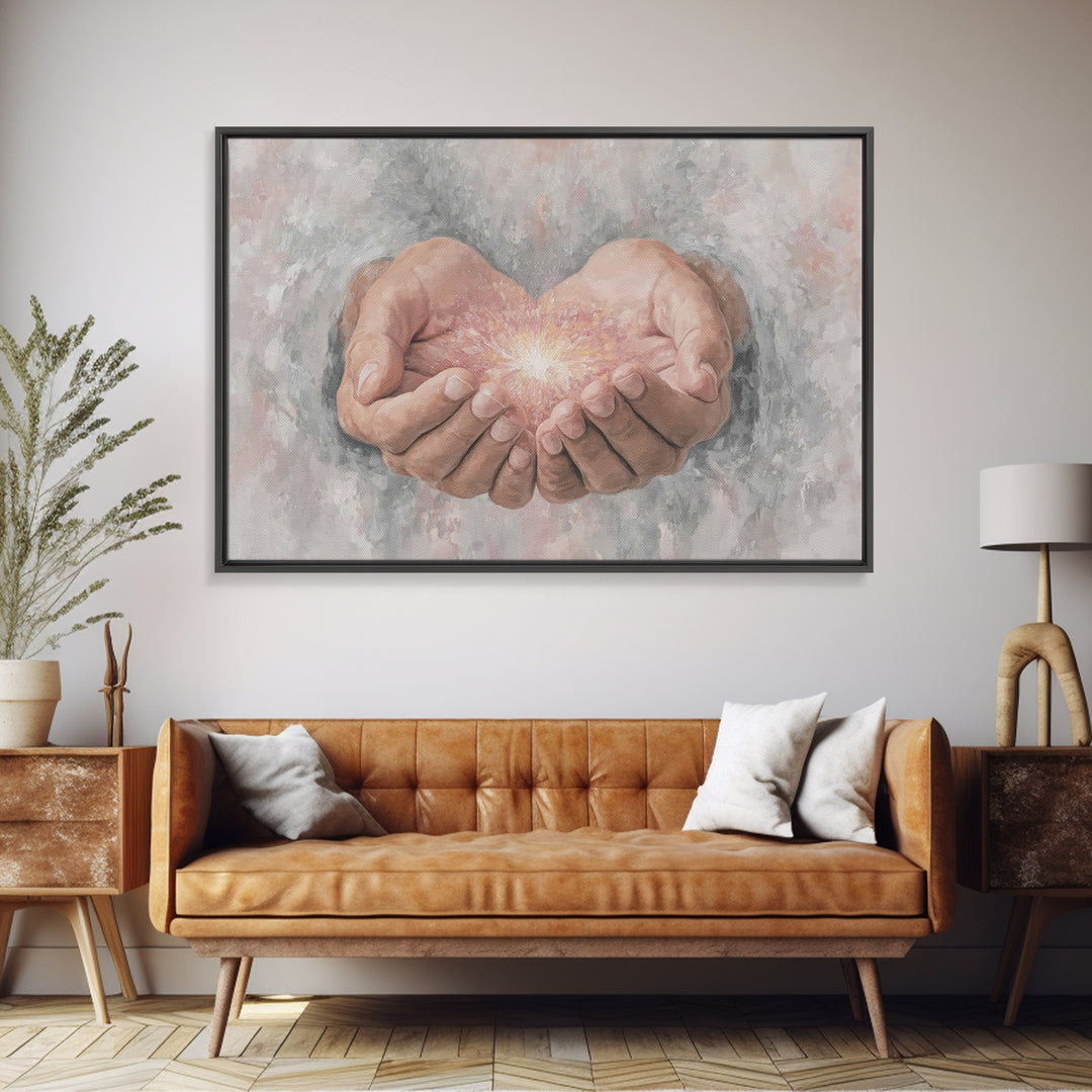 Hands Of Light | Framed Canvas Print | Christian Art Canvas | Modern Christian Art | Jesus Painting | Christian Wall Art | Large Christian