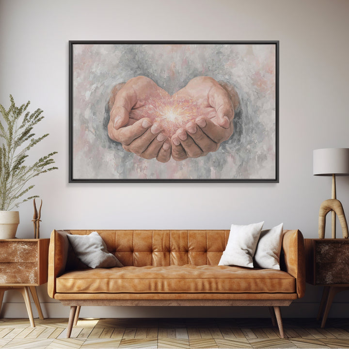Hands Of Light | Framed Canvas Print | Christian Art Canvas | Modern Christian Art | Jesus Painting | Christian Wall Art | Large Christian